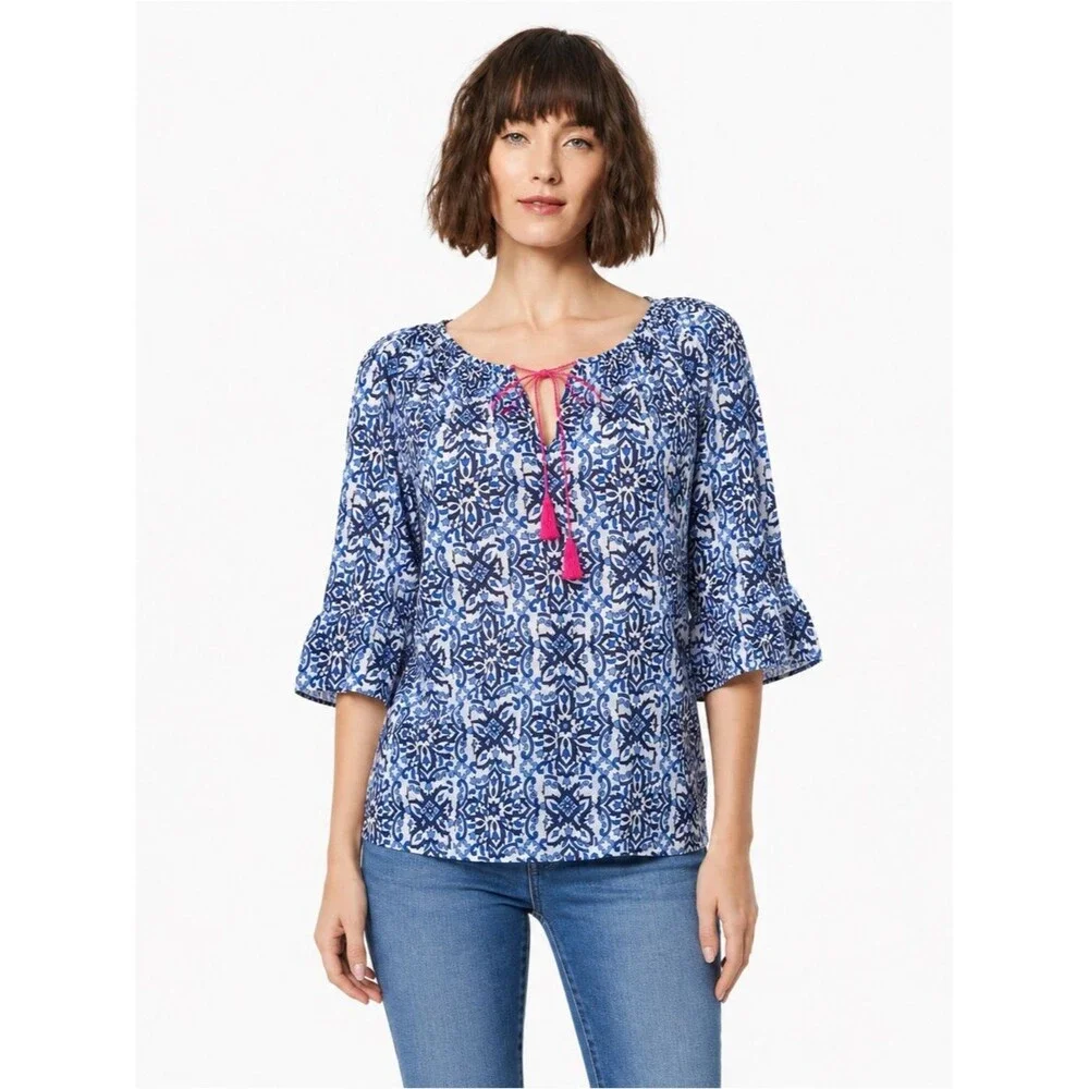 Milly Blue Pink Floral Medallion Boho Blouse Large Tassel Tie Peasant Top Casual